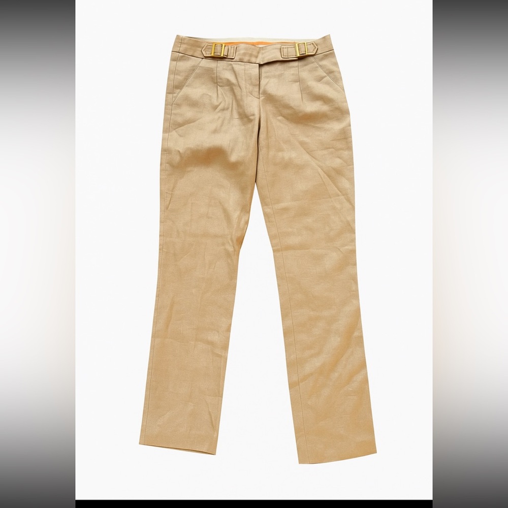 Tory Burch Beige Linen Pants with Gold Buckle